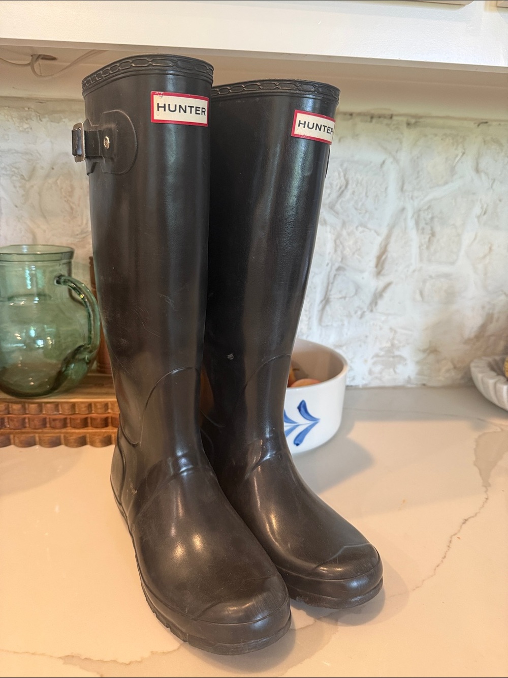 Hunter Black Gloss Tall Rain Boots with Side Buckle